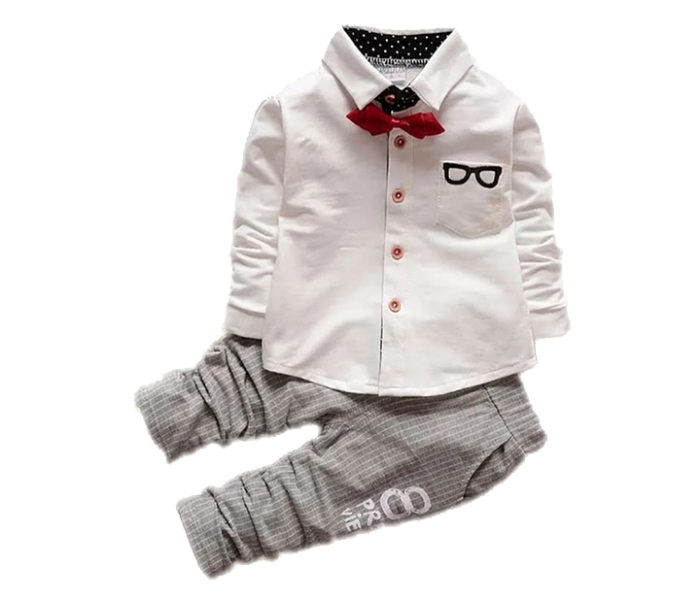 Little Wings 2 Years Formal Long Sleeve Bow Tie T-Shirt and Pants - White and Grey - Zoom Image 1