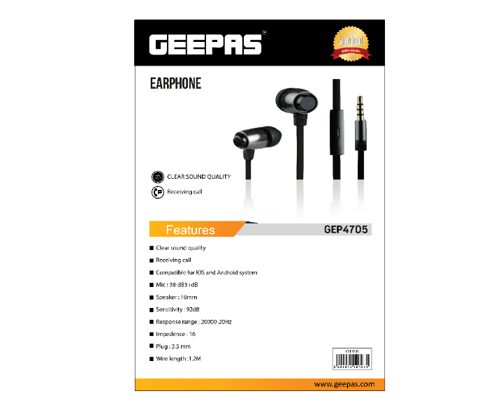 Geepas GEP4705 Stereo Earphone with Mic - Black - Zoom Image 3