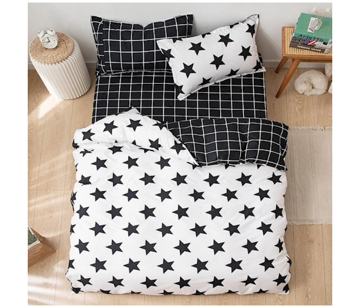  Star Design 6 Pcs Cotton Double Size Bedsheet with Quilt Cover and Pillow Case - Black and White - Zoom Image 1