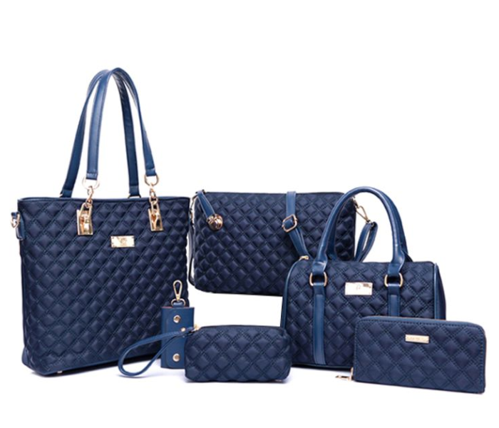 Diamond Lattice 6 Piece Leather Tote Bag Set - Blue - Zoom Image