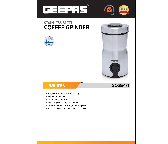  Geepas GCG5471 160 Watts Stainless Steel Coffee Grinder - Silver - Zoom Image 5