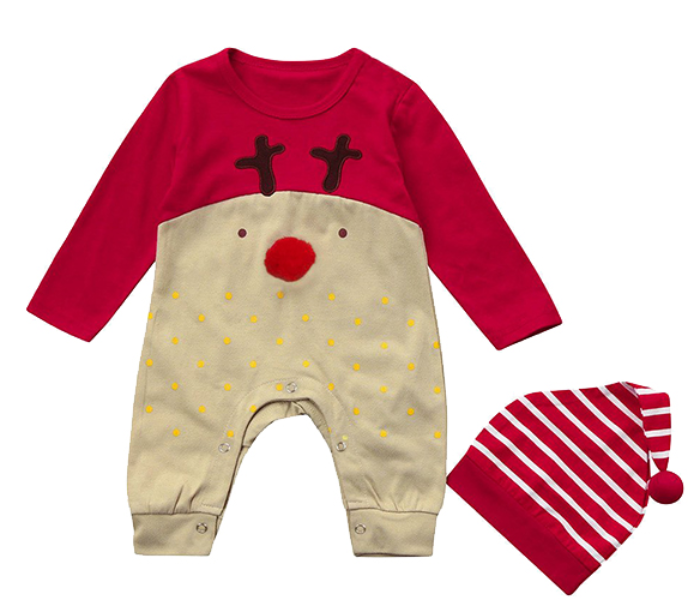 Little Wings 1 year Baby Deer Christmas Jumpsuit with Hat - Red and Brown - Zoom Image 2