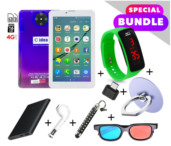 C idea CM422 7 inch Dual Sim 3GB RAM 16GB ROM  Android 4G LTE Tablet with Combo of Power Bank- AirPod -Finger Holder - Touch Pen - OTG Connector -3D Spectacle and LED Watch - Blue and Purple - Zoom Image