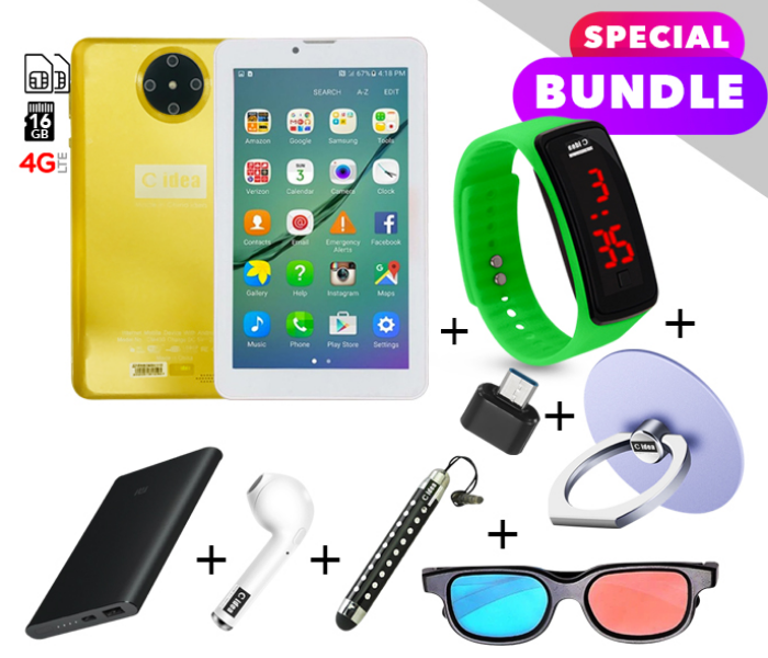 C idea CM430 7 inch Dual Sim 2GB RAM 16GB ROM  Android 4G LTE Tablet with Combo of Airpod-Finger Holder-Touch Pen-OTG Connector-3D Spectacle and LED Watch - Yellow - Zoom Image