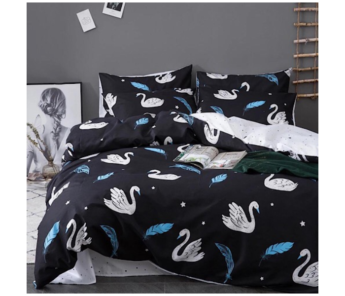 Swan Design 6 Pcs Cotton Double Size Bedsheet with Quilt Cover and Pillow Case - Black  - Zoom Image 1