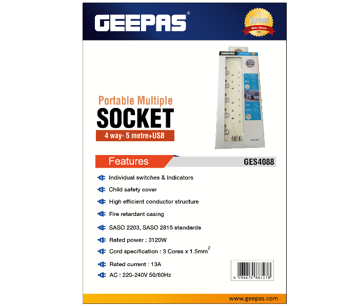 Geepas GES4088 5 Meter USB Sockets Extension 4 Way Board - White - Zoom Image 4