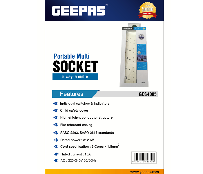 Geepas GES4085 5 Metre Portable Multi Socket 5 Way - White - Zoom Image 4