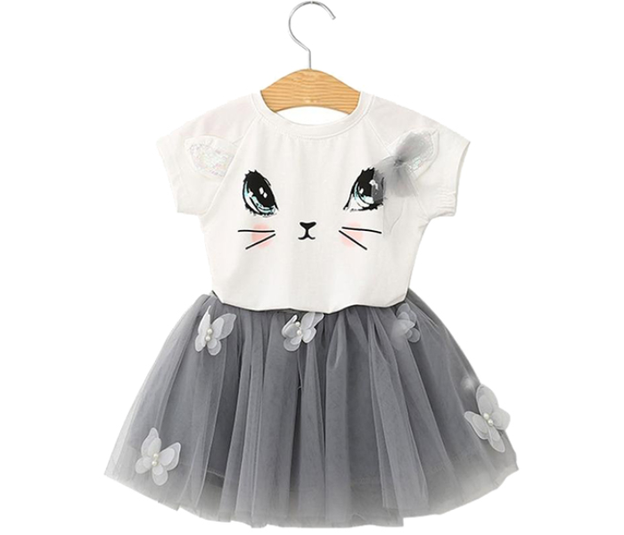 Little Wings 5 years Catty Pattern T-Shirt and Butterfly Tutu Skirt Set - White and Grey - Zoom Image 1