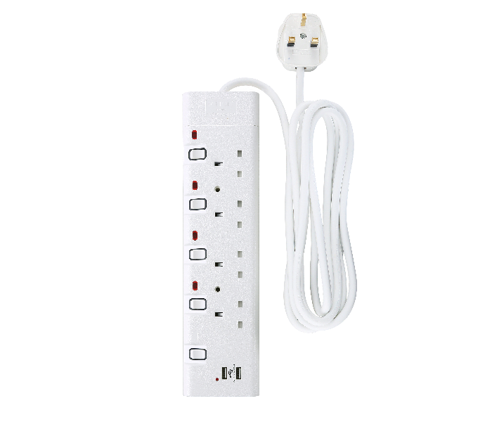 Geepas GES4088 5 Meter USB Sockets Extension 4 Way Board - White - Zoom Image 1