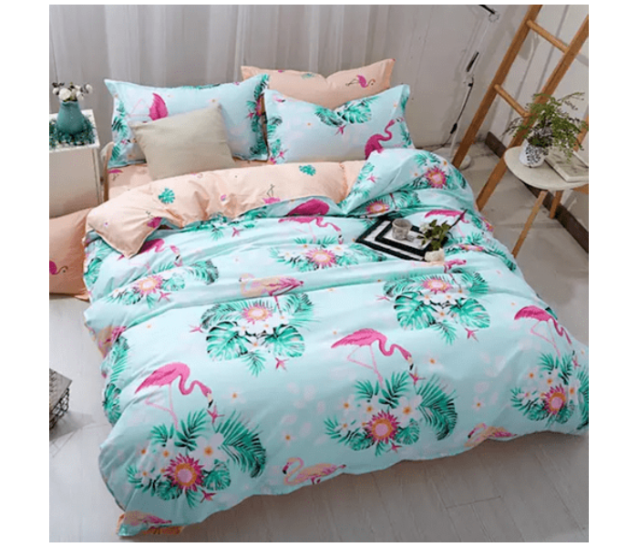 Flower Design 6 Pcs Cotton Double Size Bedsheet with Quilt Cover and Pillow Case – Light Green  - Zoom Image 1