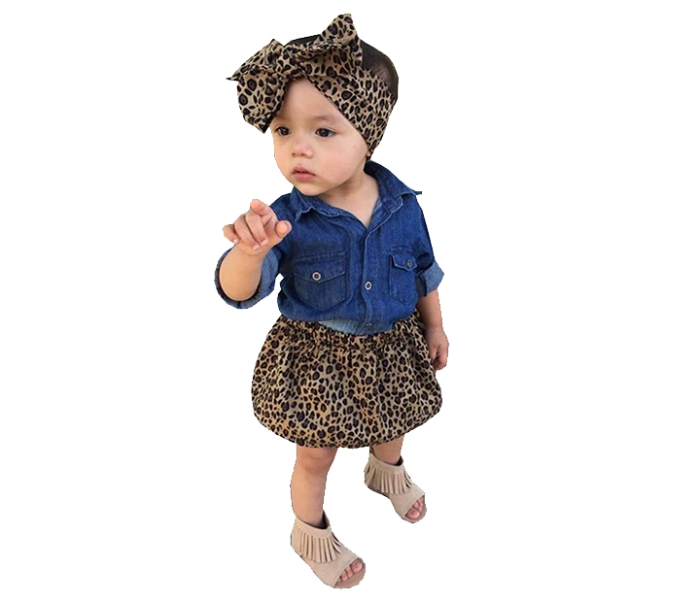 Little Wings 4 Year Jean Shirt with Leopard Print Short Skirt and Headband - Blue and Brown - Zoom Image 3