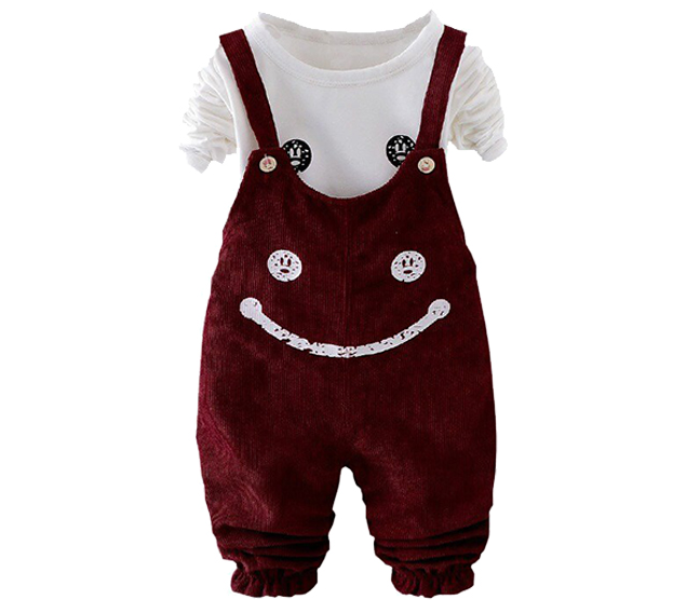 Little Wings 2 years Autumn Smile Print Long Sleeve Tops and Strap Cute Cat Pants - Maroon - Zoom Image