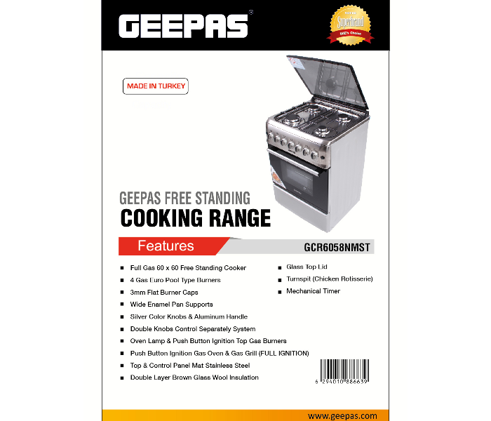 Geepas GCR6058 4 Burner Freestanding Gas Cooking Range with Grill and Rotisserie - Zoom Image 2