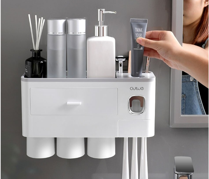 OUWE BSRP01 4 Cup Bathroom Storage Rack with Toothpaste Dispenser - Grey - Zoom Image 1