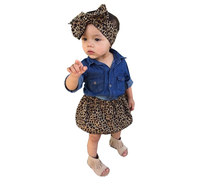 Little Wings 2 Year Jean Shirt with Leopard Print Short Skirt and Headband - Blue and Brown - Zoom Image 3