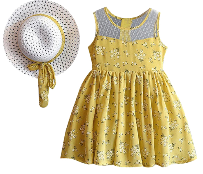 Little Wings 6 Year Chiffon Floral Print Vest Dress with Hat - Yellow - Zoom Image 1