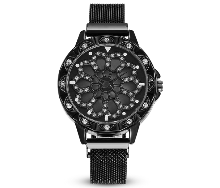 Sphere 360 Rotation Womens Magnetic Stainless Steel Mesh Strap Watch - Black - Zoom Image