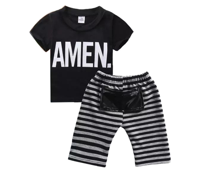 Little Wings 2 years Boys Daily Wear Striped Shorts and T-Shirt - Black and Grey - Zoom Image 1