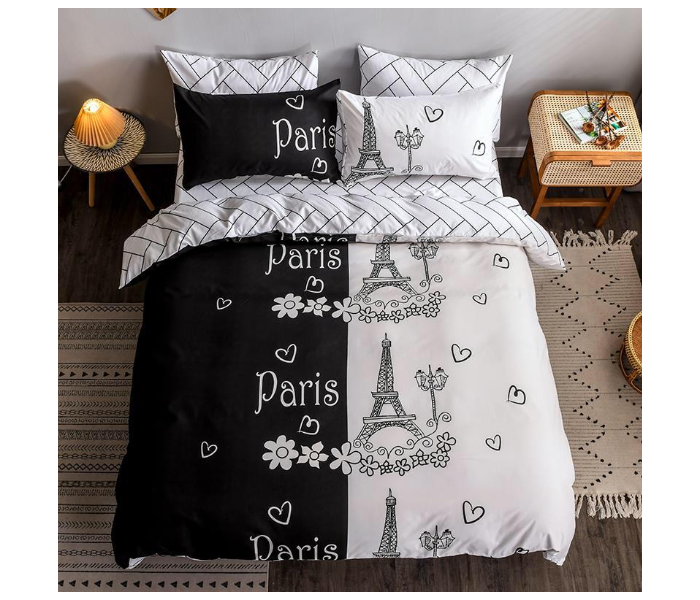  Paris Design 6 Pcs Cotton Double Size Bed sheet with Quilt Cover and Pillow Case - White and Black - Zoom Image 1