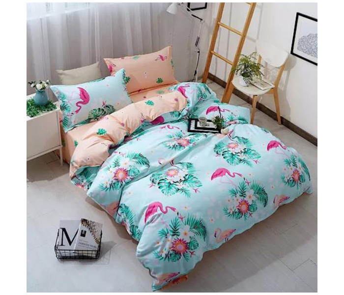 Flower Design 6 Pcs Cotton Double Size Bedsheet with Quilt Cover and Pillow Case – Light Green  - Zoom Image 2