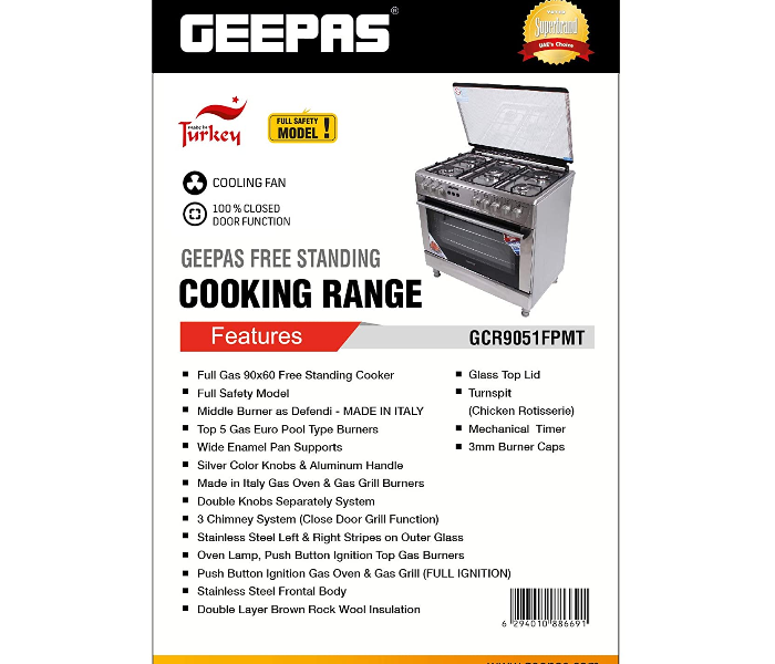 Geepas GCR9051 90x60 cm Ceramic Plate Free Standing Cooking Range - Silver - Zoom Image 3