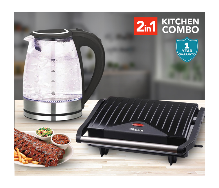 Belaco BK-111 1.7 Litre Glass Kettle with LED and Belaco BGP-012 Panini and Contact Grill - 750 Watts (Combo) - Zoom Image