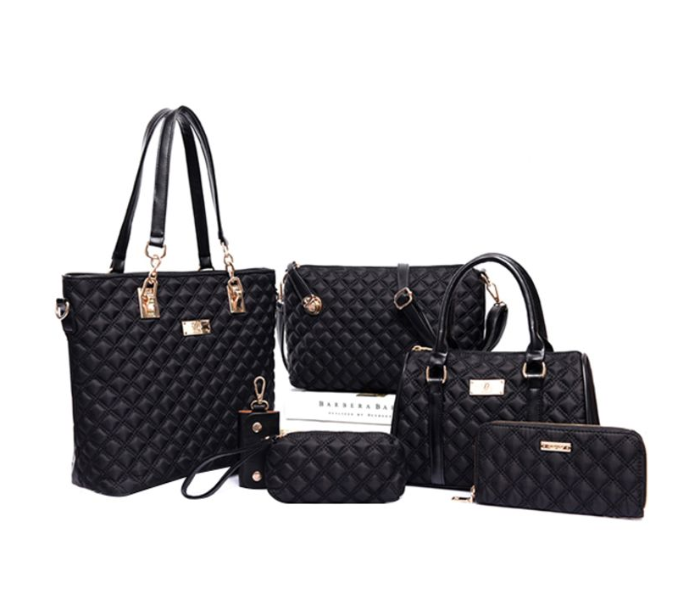 Diamond Lattice 6 Piece Leather Tote Bag Set - Black - Zoom Image