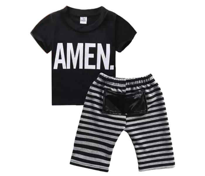 Little Wings 3 years Boys Daily Wear Striped Shorts and T-Shirt - Black and Grey - Zoom Image 1