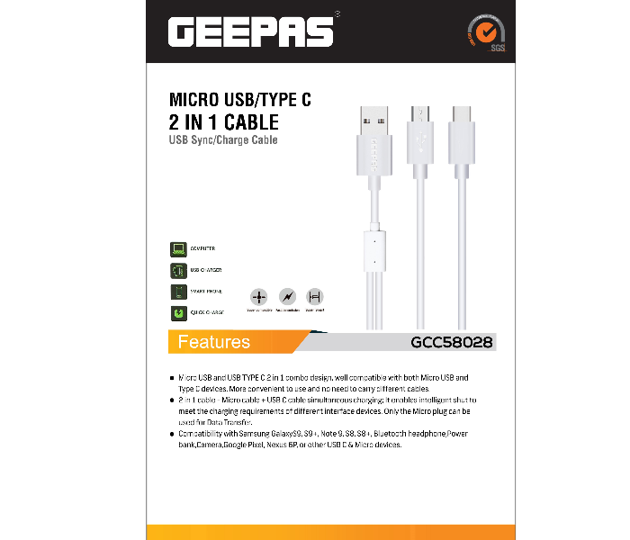 Geepas GCC58028 2 in 1 Micro USB and Type C Cable - White - Zoom Image 4