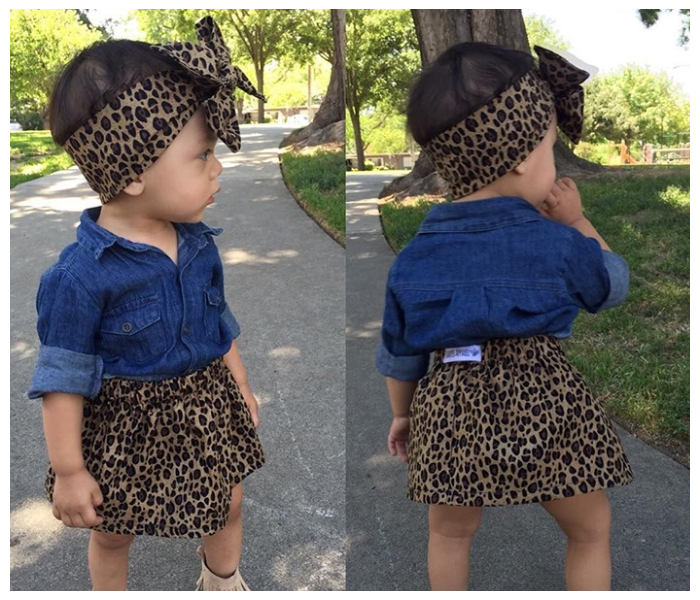 Little Wings 2 Year Jean Shirt with Leopard Print Short Skirt and Headband - Blue and Brown - Zoom Image 4