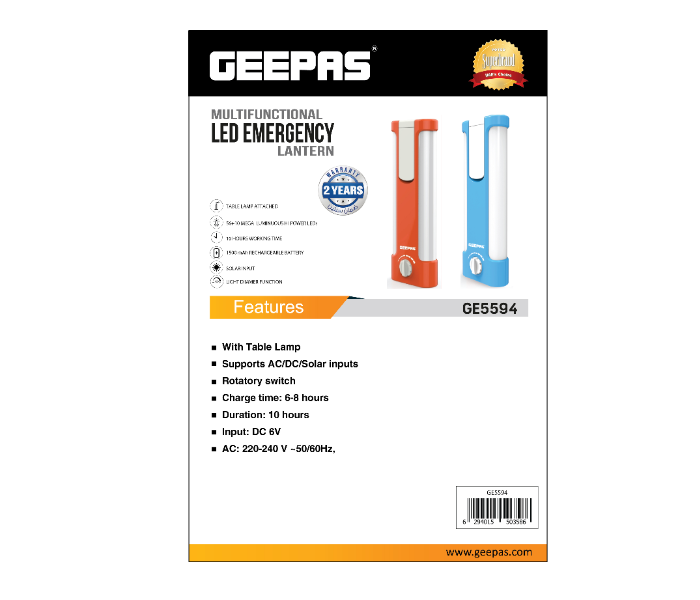 Geepas GE5594 Rechargeable Emergency LED Lantern with Table Lamp - Orange - Zoom Image 2