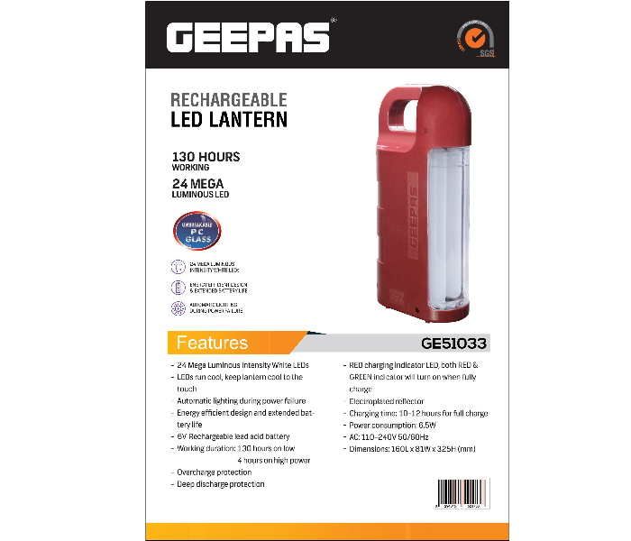 Geepas GE51033 Rechargeable LED Lantern - Red - Zoom Image 2