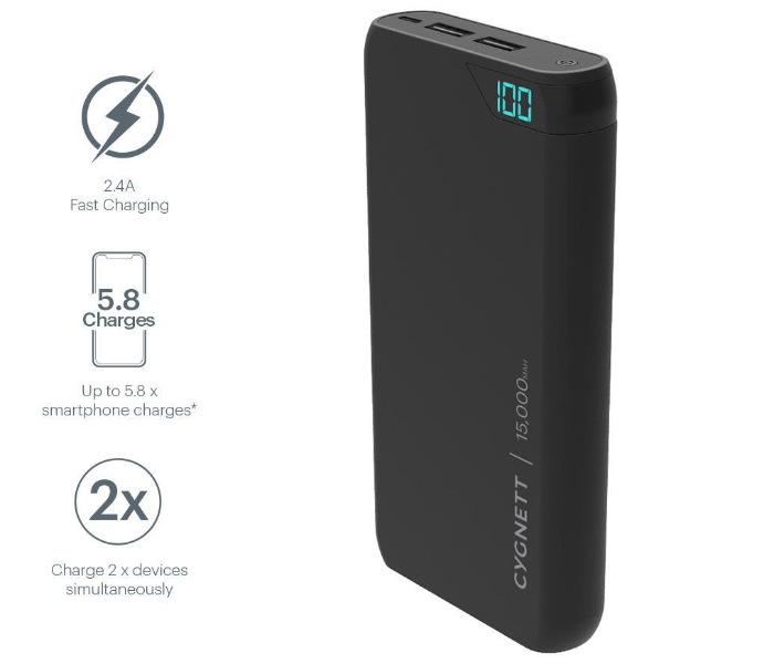 Cygnett CY2507PBCHE 15000mAh Dual USB Chargeup Boost Digital Power Bank - Black - Zoom Image 2