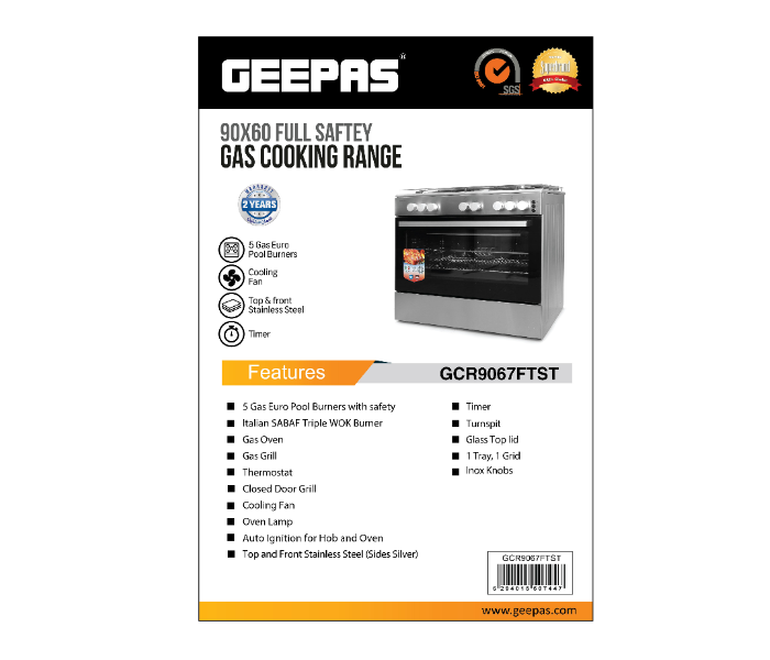 Geepas GCR9067FTST 5 Burner Freestanding Full Safety Gas Cooking Range with Cooling Fan - Zoom Image 5