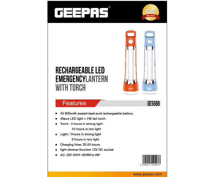 Geepas GE5588 40 LED Rechargeable Emergency Lantern with Torch - Orange - Zoom Image 2