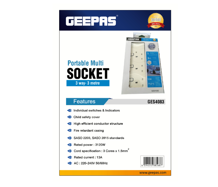 Geepas GES4083 3 Metre Portable Multi 3 Pin Socket - Zoom Image 5