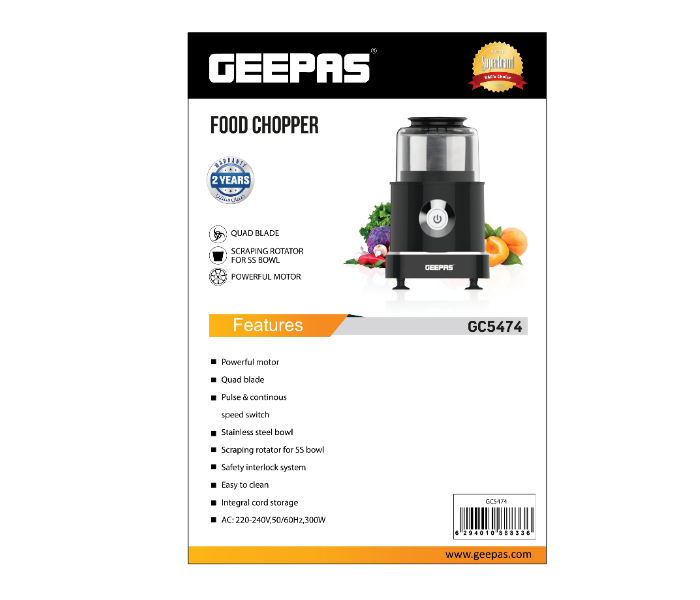  Geepas GC5474 Stainless Steel Bowl Food Chopper with Quad Blade - Black - Zoom Image 2