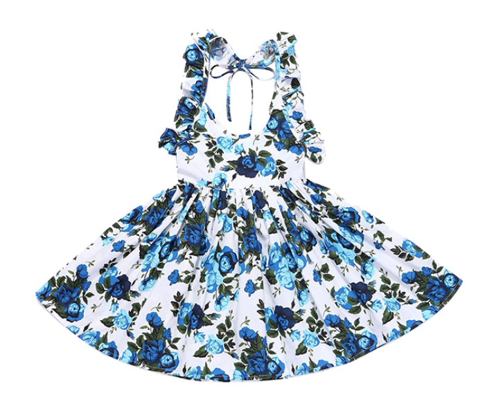 Little Wings 5 Years Summer Beach Style Floral Print Party Backless Frock - Blue - Zoom Image