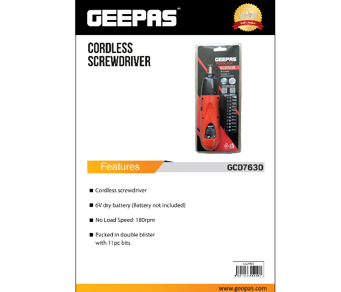 Geepas GCD7630 Cordless Screwdriver - Red - Zoom Image 2