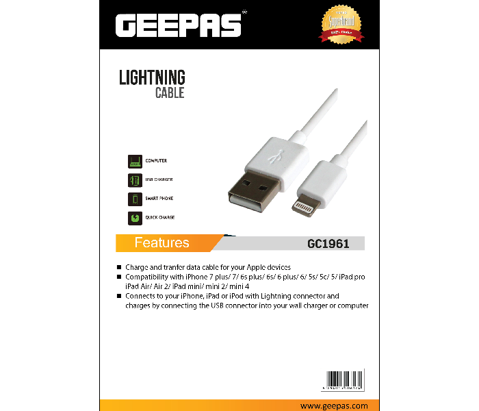 Geepas GC1961 Lightning Cable - White - Zoom Image 5