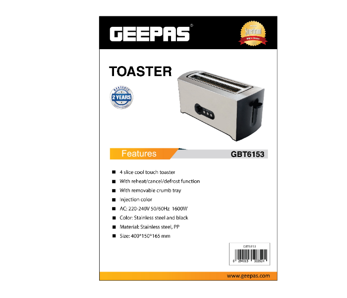 Geepas GBT6153 4-Slice Stainless Steel Bread Toaster - Silver - Zoom Image 5