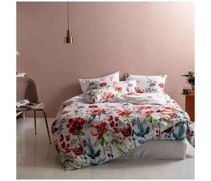 Floral Design 6 Pcs Cotton Double Size Bedsheet with Quilt Cover and Pillow Case - White - Zoom Image