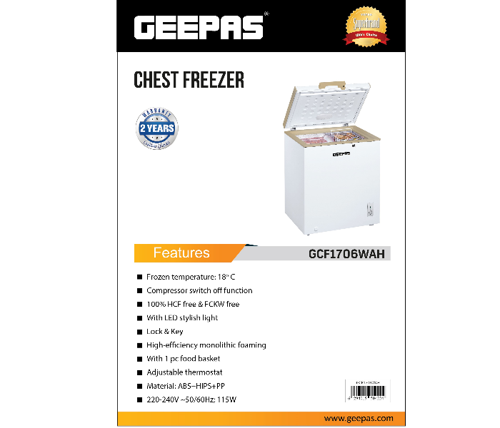 Geepas GCF1706WAH 170 Litre Chest Freezer with Food Basket - White - Zoom Image 5