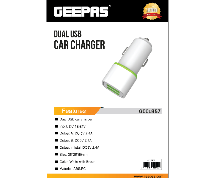 Geepas GCC1957 Dual USB Car Charger - White and Green - Zoom Image 2