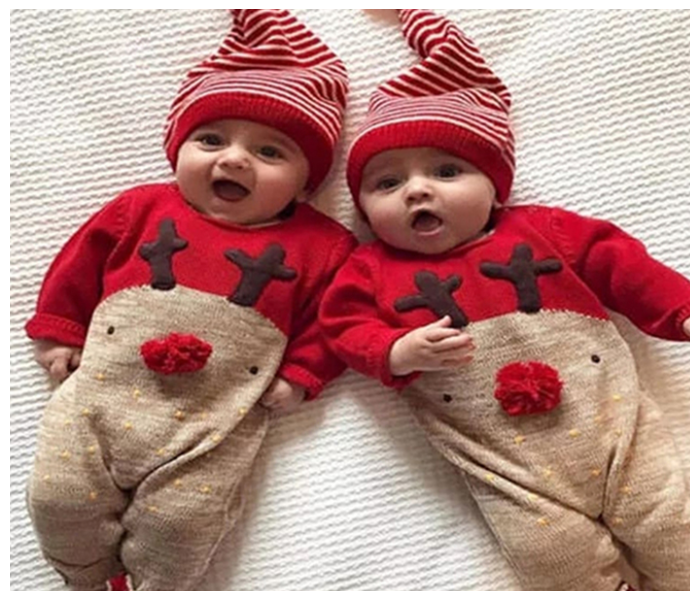 Little Wings 1 year Baby Deer Christmas Jumpsuit with Hat - Red and Brown - Zoom Image 1