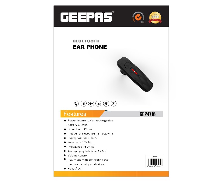 Geepas GEP4716 Bluetooth Earphone - Black and White - Zoom Image 5