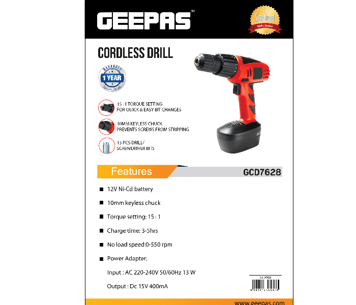 Geepas GCD7628 12V Cordless Drill - Red and Black  - Zoom Image 5