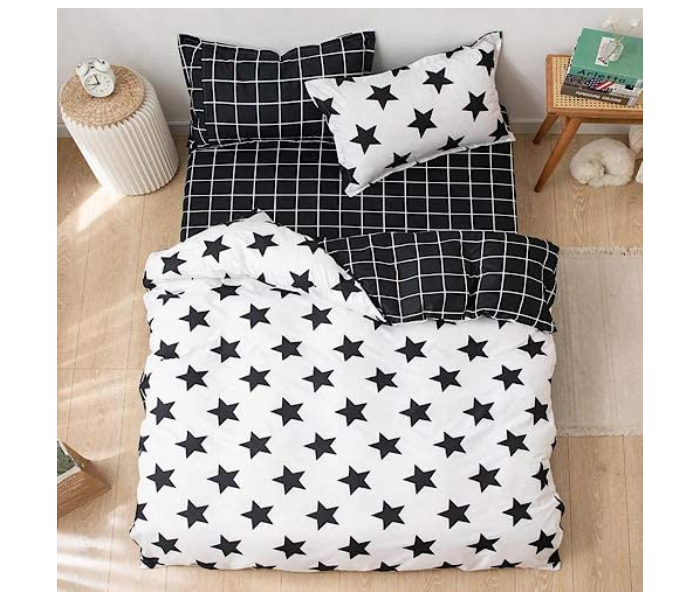  Star Design 6 Pcs Cotton Double Size Bedsheet with Quilt Cover and Pillow Case - Black and White - Zoom Image 3