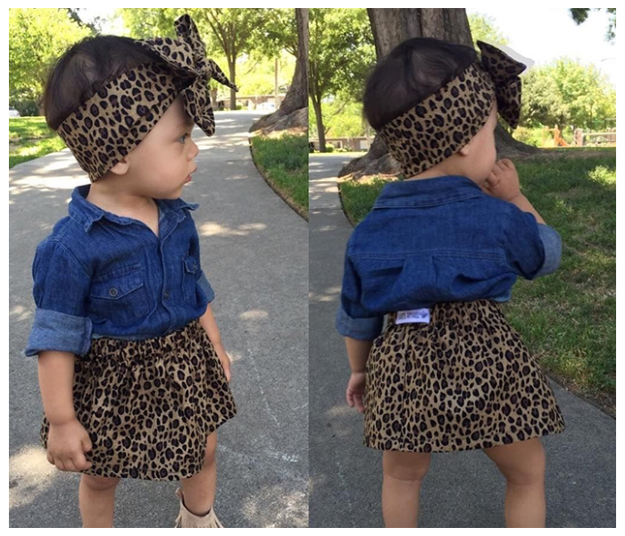 Little Wings 3 Year Jean Shirt with Leopard Print Short Skirt and Headband - Blue and Brown - Zoom Image 4