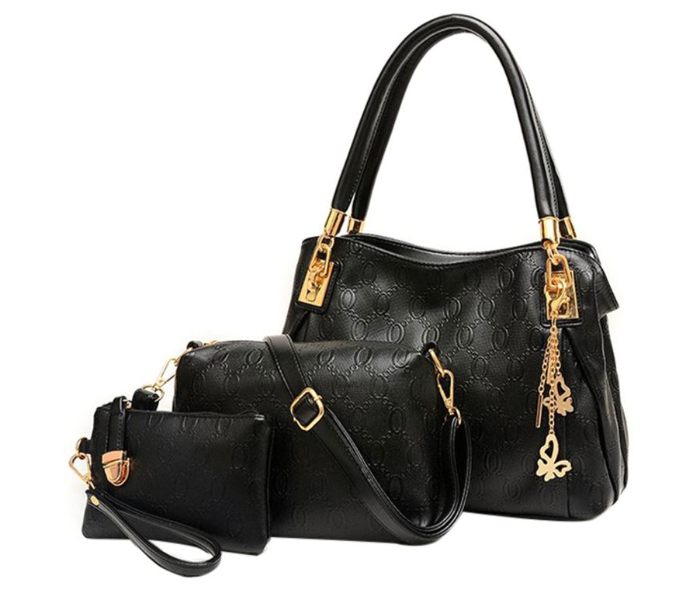 Embossing Style 3 Piece Leather Zipper Closure Hand Bag for Women- Black - Zoom Image